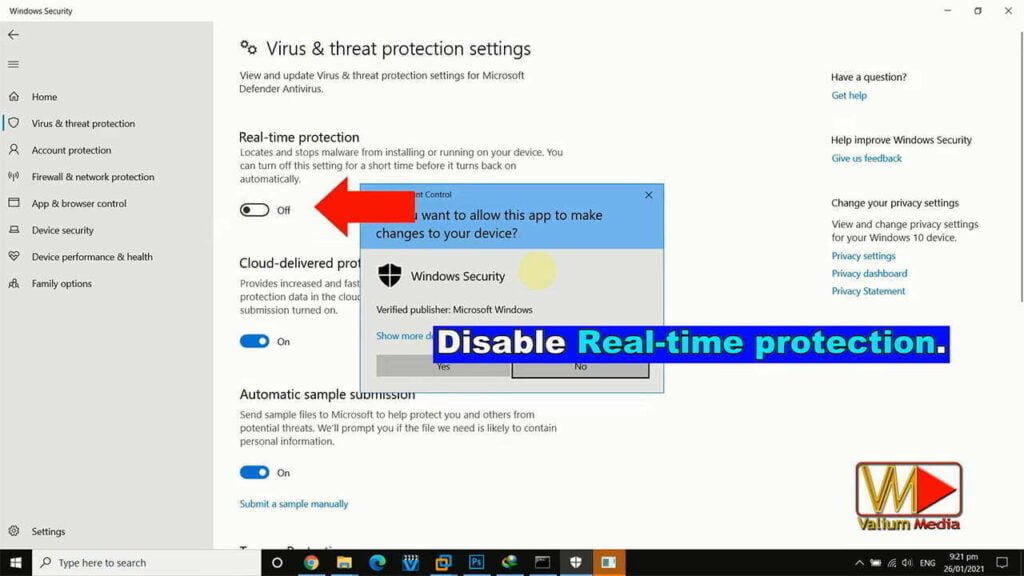 Disable Real-Time Protection of Microsoft Antivirus app