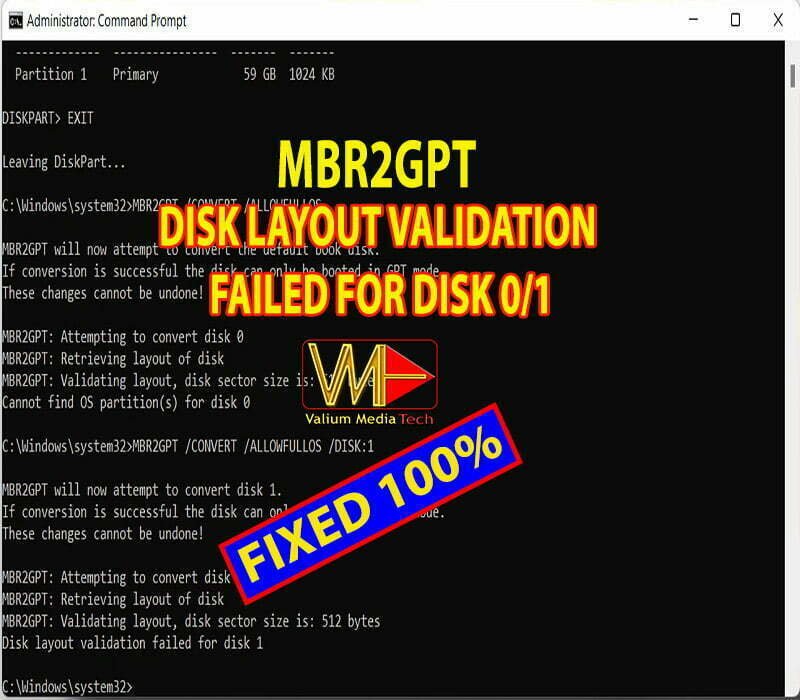 How to Fix MBR2GPT Disk Layout Validation Failed for Disk 0/1