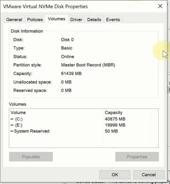 Disk Properties Showing MBR disk Scheme