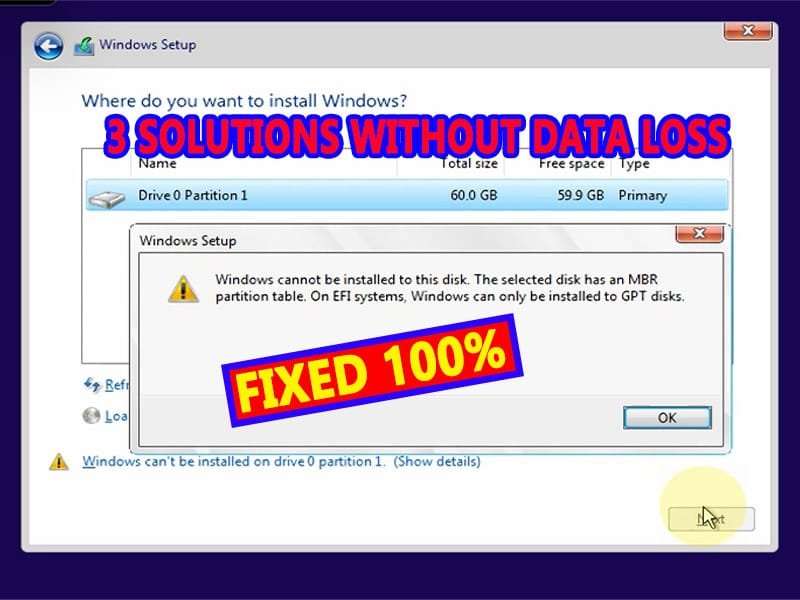 The Selected Disk Has an MBR Partition Table. On EFI Systems, Windows Can Only be Installed to GPT Disks