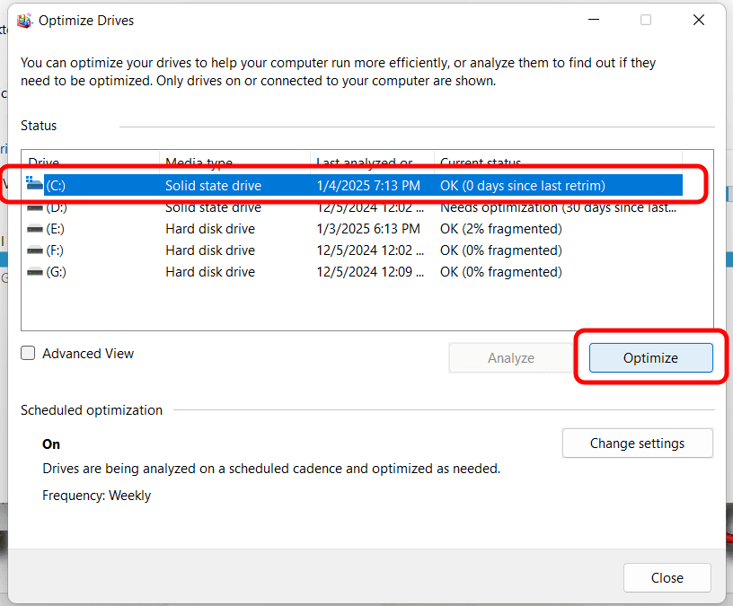 Defragment and Optimize C Drive