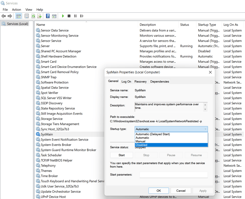 Disabling SysMain Service