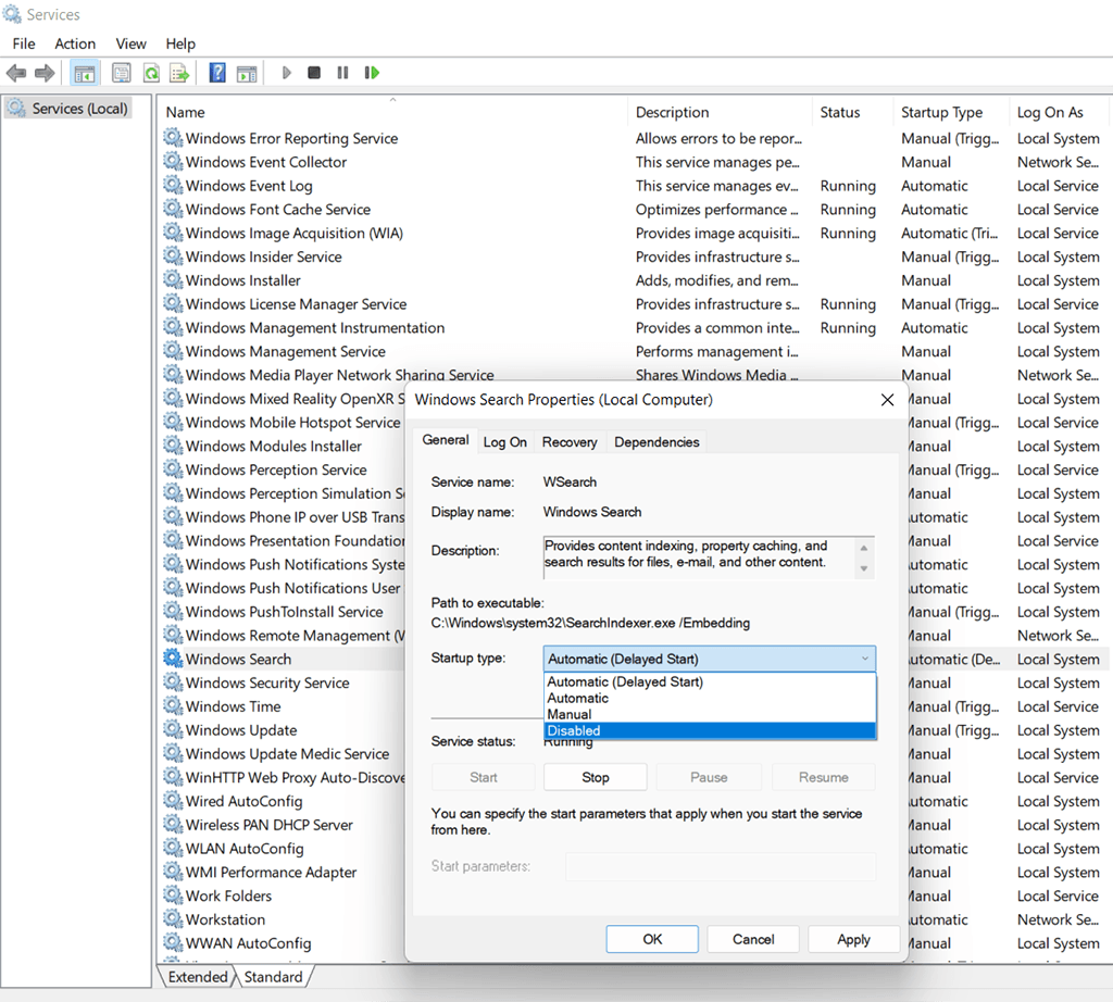 Disabling Windows Search Service