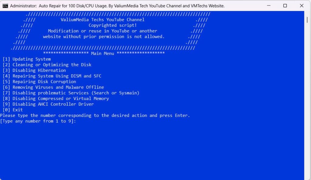 Main Menu of VMTechs 100 Disk Usage Fixer
