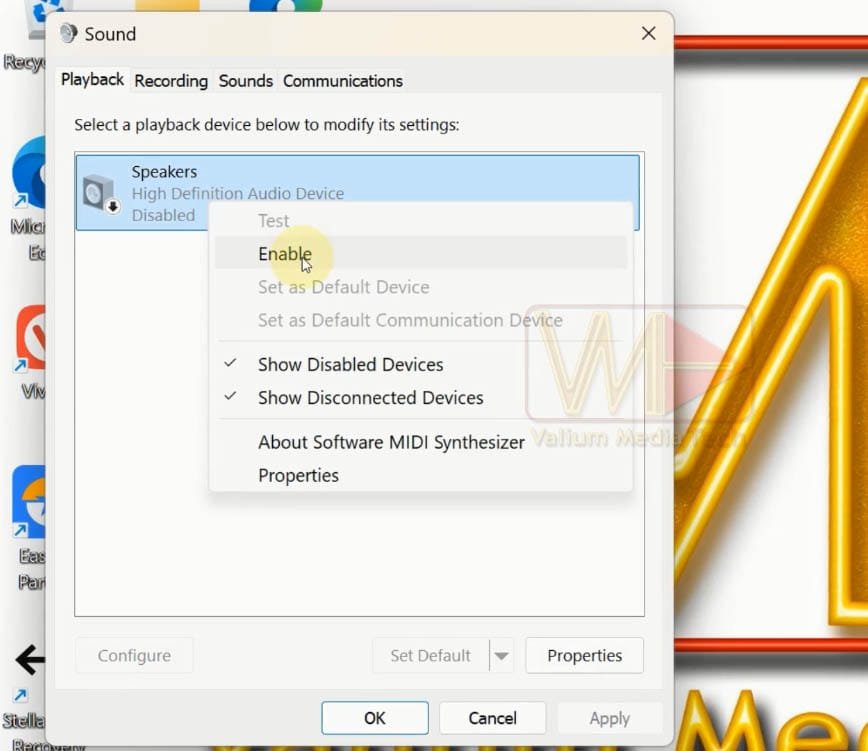 Enable the Audio Device from Sound Settings