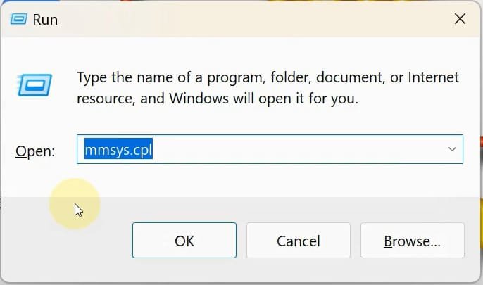 Type mmsys.cpl in run tool and press Ok to open Sound settings